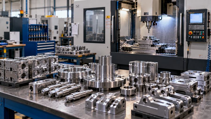 CNC machining centre with finished machined metal parts on a workbench