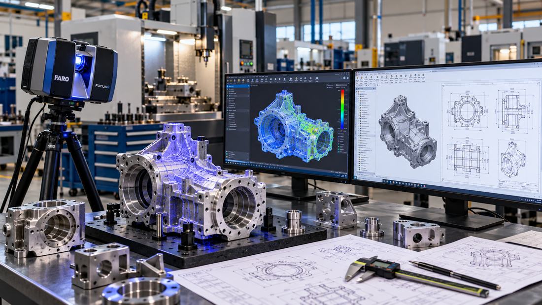 3D laser scanner capturing a machined housing, with the scan and CAD drawings on screen