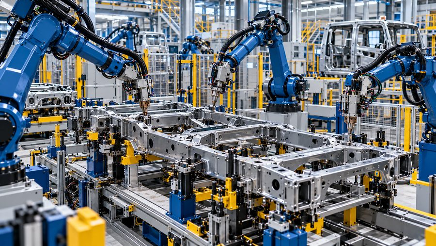Robotic welding cell building a vehicle chassis